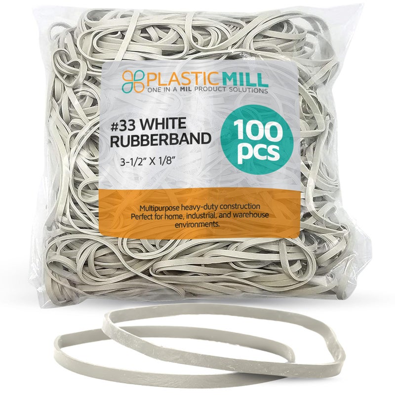 PlasticMill White Rubber Bands Size 33 (3 1/2" x 1/8") - #33 Rubber Bands Office Supplies - Strong, Elastic Bands for Crafts, Balloon Garland, Cash, File Folders (100-Pack) - Image 1